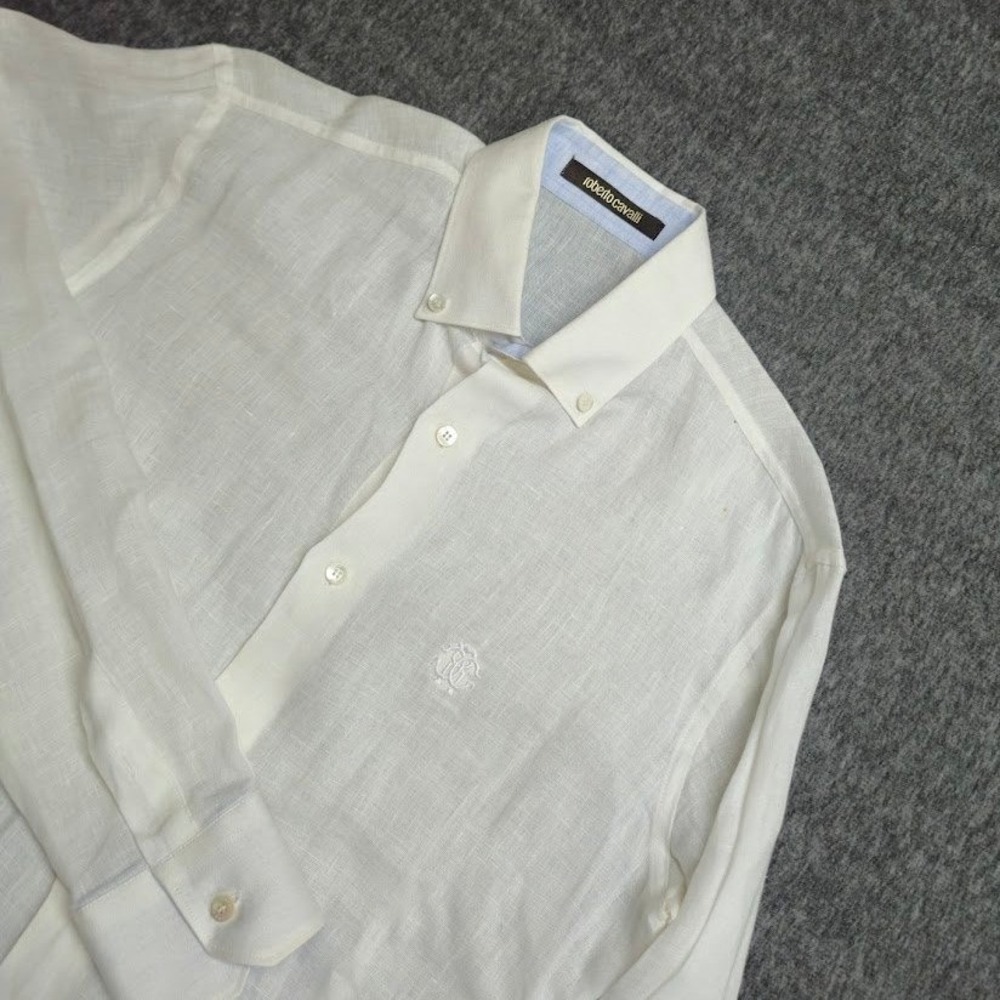 Roberto Cavalli Button Down Shirt Mens 39 15.5 White Linen Logo Embroidered